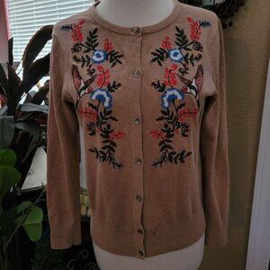 Cardigan Sweater Brown  Embroidered XS Birds Floral XS Rockabilly Pin Up retro